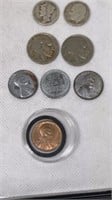 Mercury dime, SILVER Roosevelt, 3 steel pennies,
