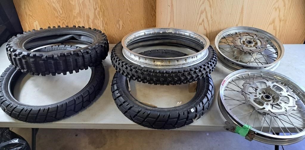 Assortment of motorcycle tires and rims