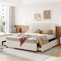 Queen Upholstered Bed  4 Drawers  Beige-02