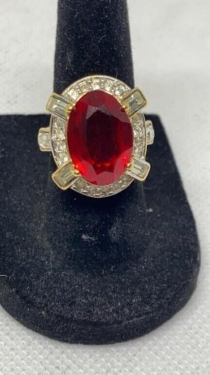 Red and white stone ring stamped 18KHGE size 6