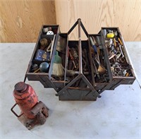 Vintage tool box, tools, and bottle jack