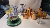 Copper canisters, small decanter and cups, and