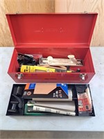 Gray Tool box and contents. Includes sand paper,