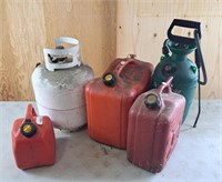 Propane tank, jerry cans, and hand sprayer
