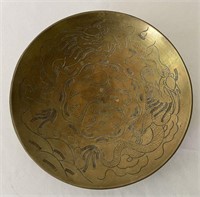 Brass Engraved Bowl w/ Dragons Chinese Symbol
