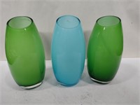 3 frosted glass vases 6 in