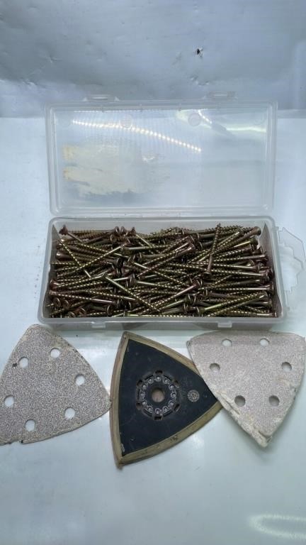 Container full of 2 inch screws & sanding pad lot