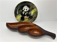 MCM Style Wooden Snack Bowl, Panda Plate Brass