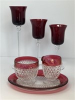 Cranberry Cream/Sugar Tray and Red Candleholders