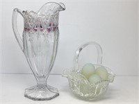 Tall Glass Pitcher and Basket with Eggs