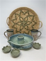 Pottery Chicken Cooker, Mugs, Basket Tray