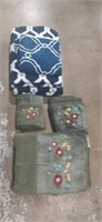 Green floral towel set , and blue pattern towels
