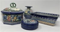 Polish Pottery Baking Dishes, Vase, Coasters