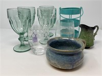 Blue Green Pottery and Glass