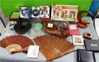 Z - HAND HELD FANS.WOODEN BOWL HOLIDAY ORNAMENTS E