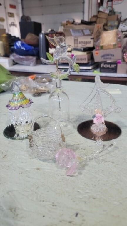 5 spun glass decor ship, carousel, basket, rose