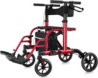 $160  2 in 1 Rollator Walker Chair, 10 Wheels, Red