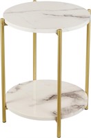 2 Tier Round Side Table, Faux Marble White