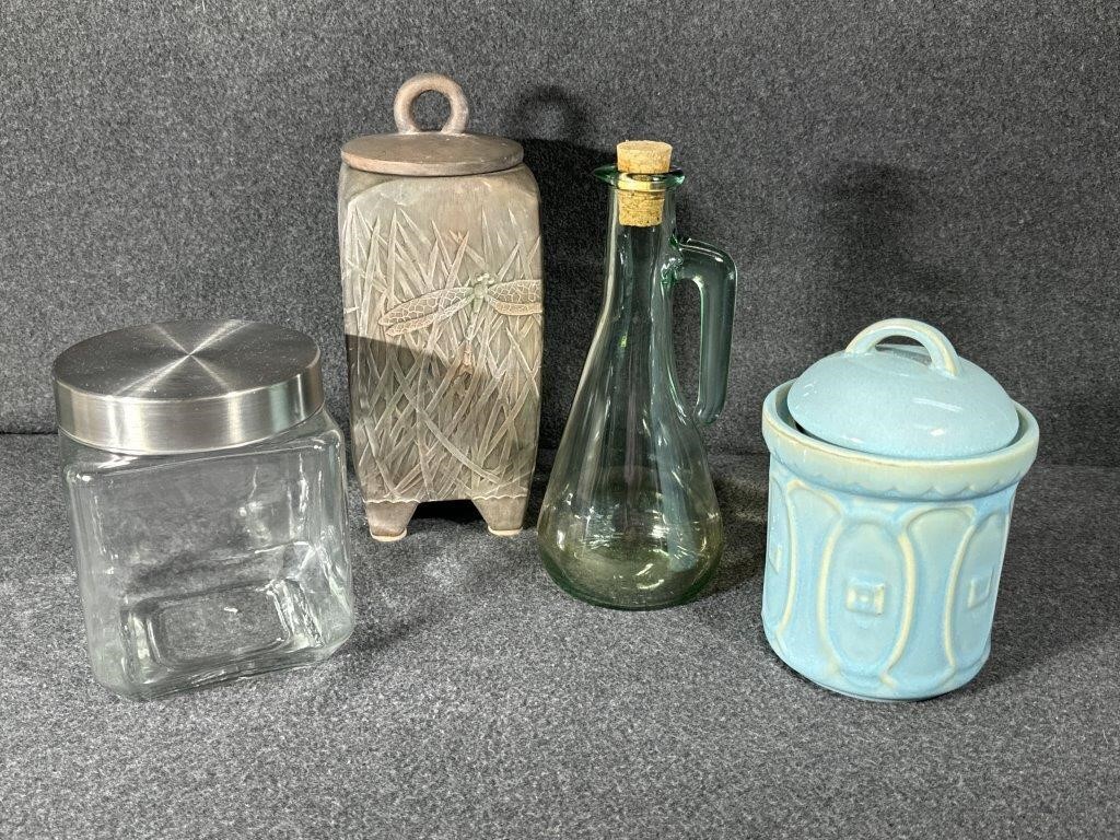 Dragonfly Pottery lidded jar, Green oil pitcher