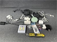 Assorted chargers, plugs, speakers