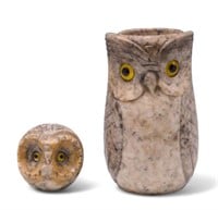 Lot of 2 Alabaster Owls- Vase & Paperweight.