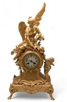 Gilded Spelter Mantel Clock w/ Angel & Cherub.