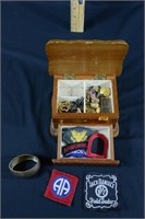 TRINKET BOX, MILITARY PATCHES, PINS, RING