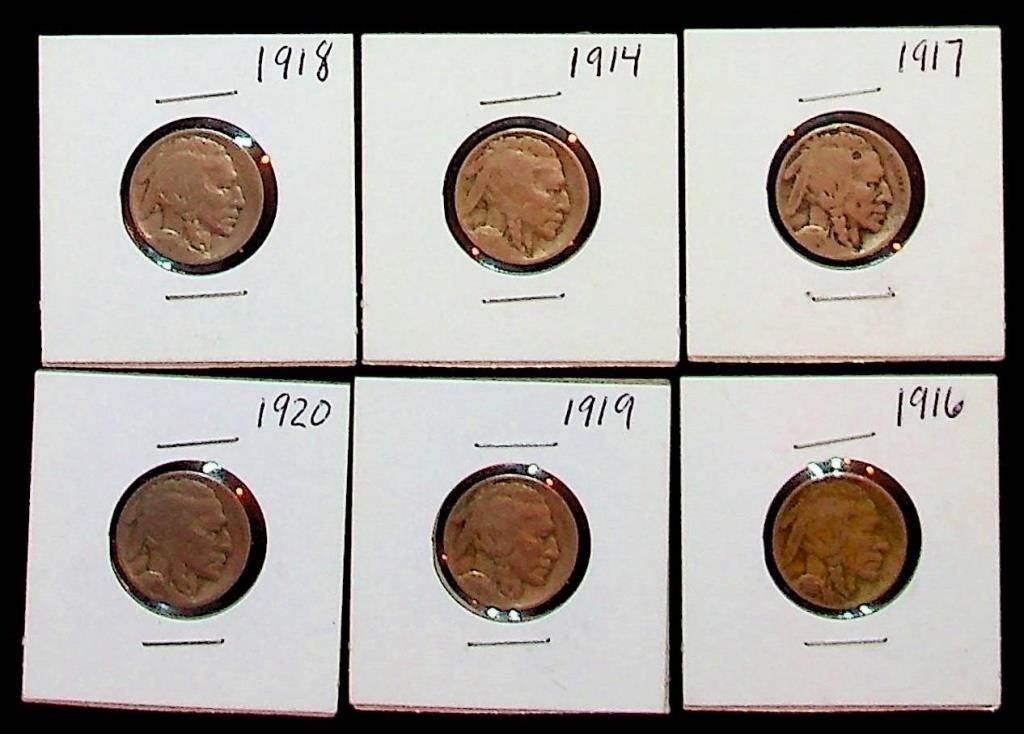 (6) Indian Head Nickels, 1914 - 1920