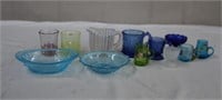 Assorted coloured glass, toothpick holders,