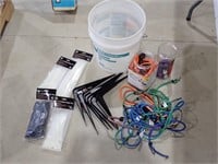 Plastic Bucket with Bungee Cords, Cable Ties, Etc