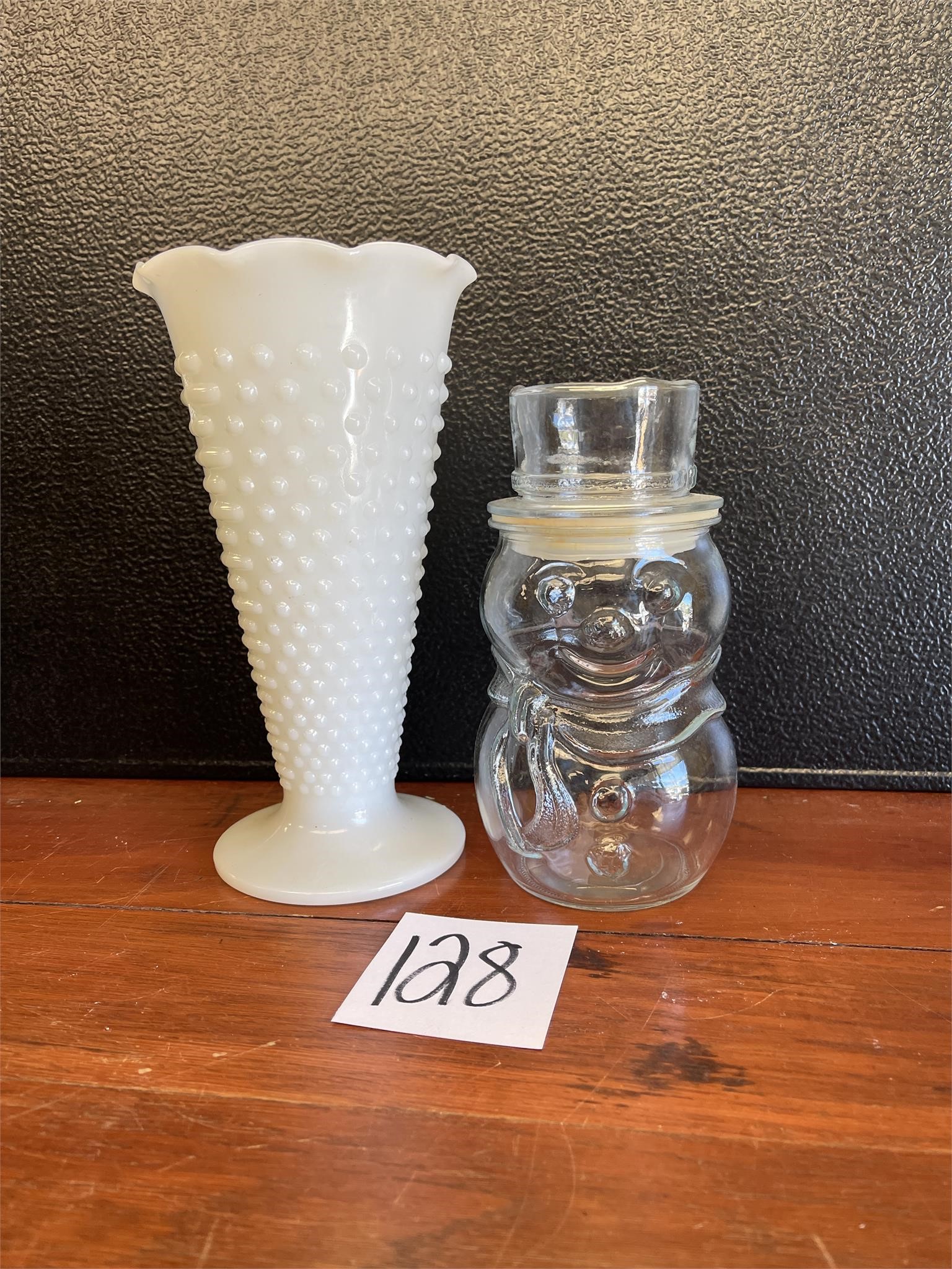milk glass vase & VTG snowman jar