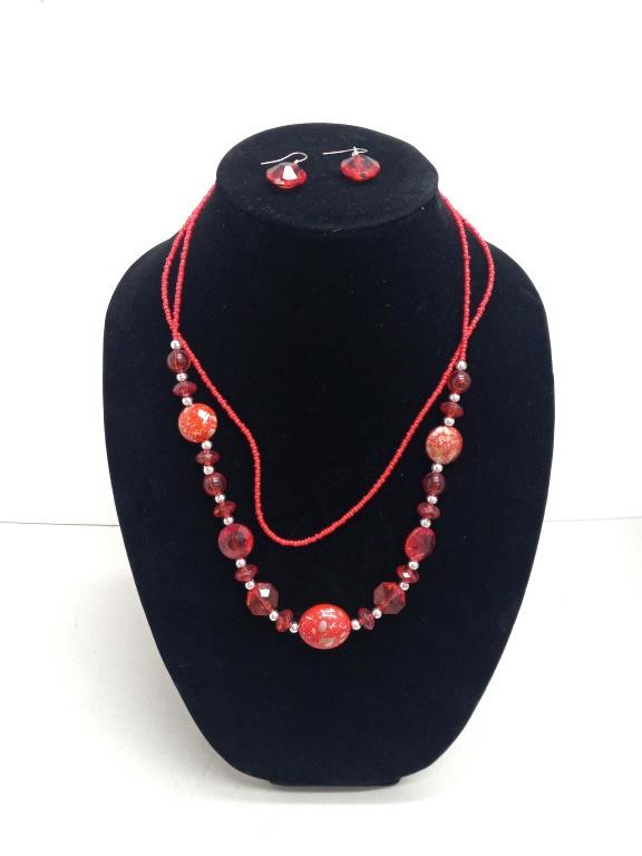 Red beads necklace and earrings