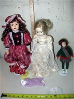 3 Asst Porcelain Dolls & 1 Beanie