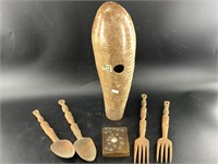 Collection of wood utensils, and vase