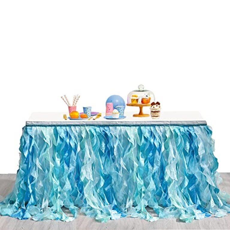 PartyBySam 9ft Blue Tulle Table Skirt Curly
