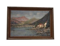 Framed Oil Painting, Landscape, Villa on Coastline