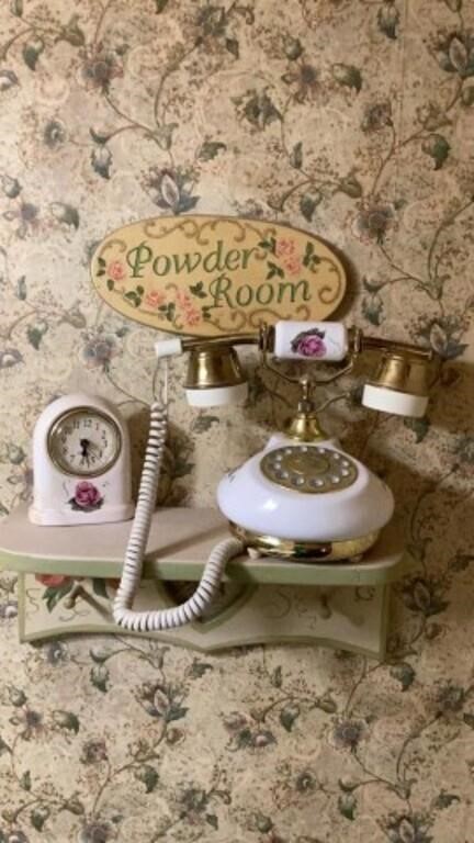 Vintage Look Telephone Clock Flowered Shelf and