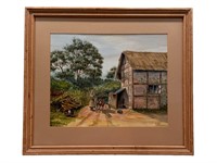 Framed Painting of House, Lady, and Chickens