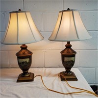 Pair of Lamps with pastoral painted scenes - S