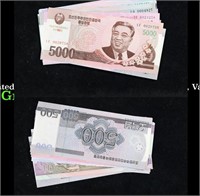 Lot of 18 Uncirculated Upper Korea Notes - 5 Won t