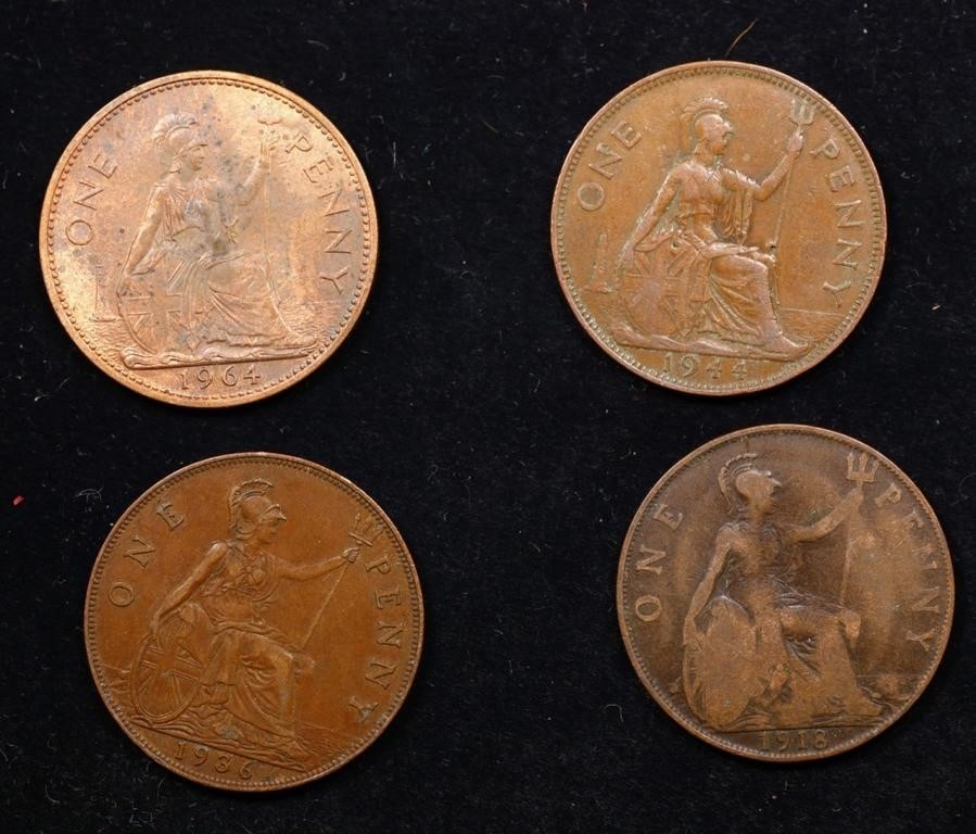 Group of 4 Coins, Great Britain Pennies, 1918, 193