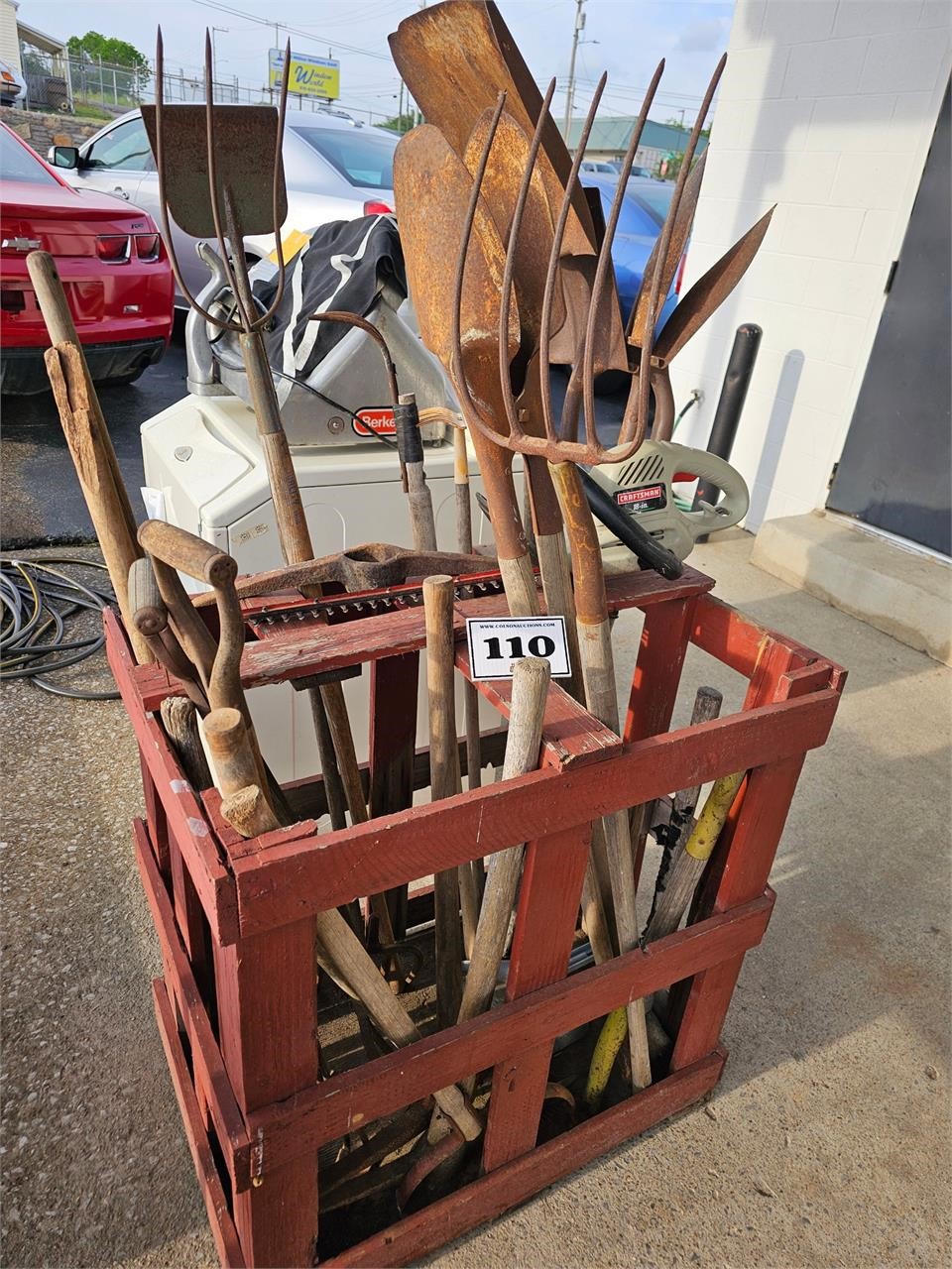 Yard tools, sledge, pick, shovel, pitch fork, etc.
