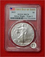2021 American Eagle T1  PCGS MS70 1 Ounce Silver