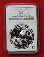 2007 Chinese Panda 10 Yuan NGC MS69 1 Ounce Silver