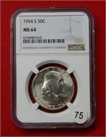 1954 S Franklin Silver Half Dollar NGC MS64