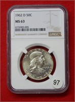 1962 D Franklin Silver Half Dollar NGC MS63