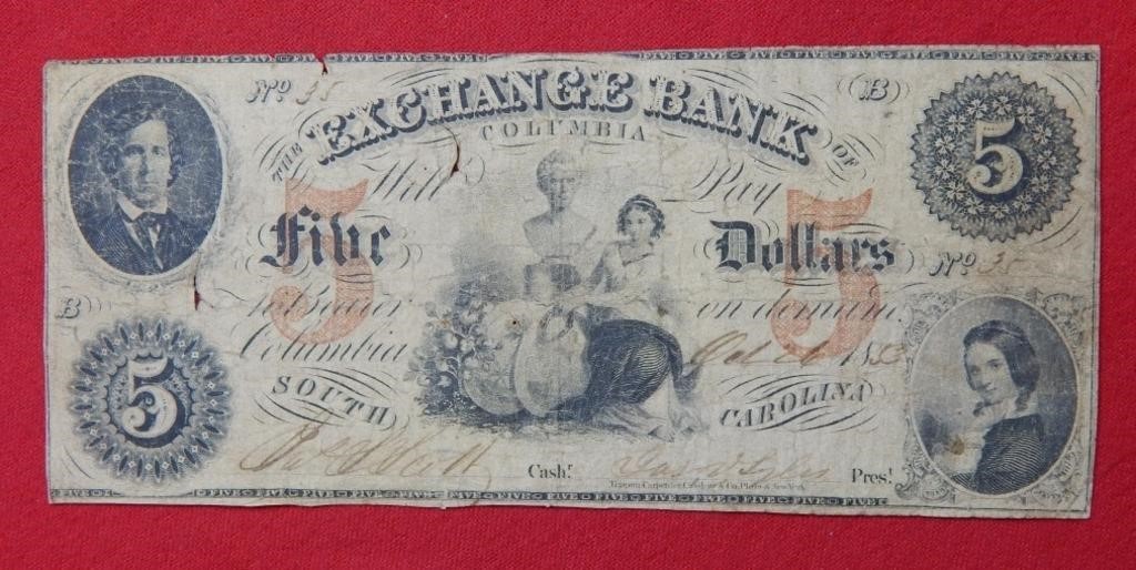 1853 $5 South Carolina Exchange Bank Large Size
