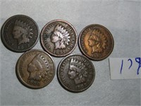 5 Pc 1892-1907 Asst Indian Head Pennies