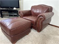 Oversized leather chair and ottoman w/ nail head