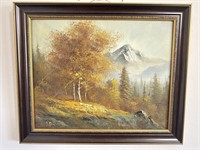Signed oil on canvas fall mountain scene painting